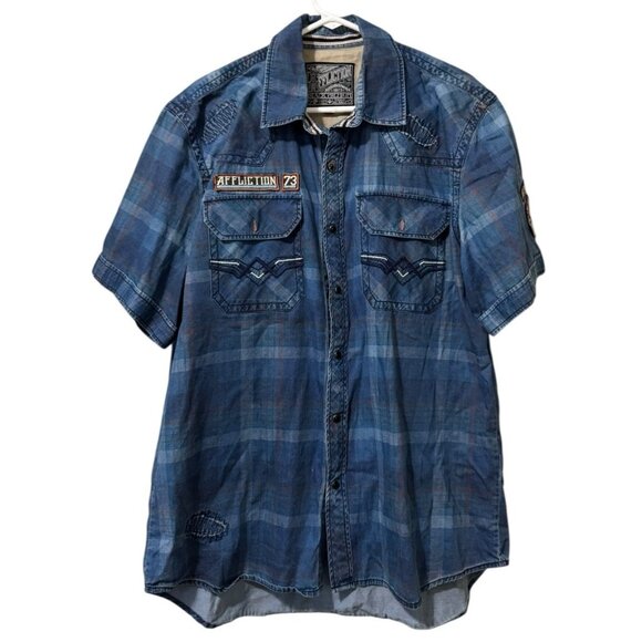 Affliction Black Premium Shirt Men Size XL Button Down Short Sleeve Cotton Patch - Picture 1 of 14